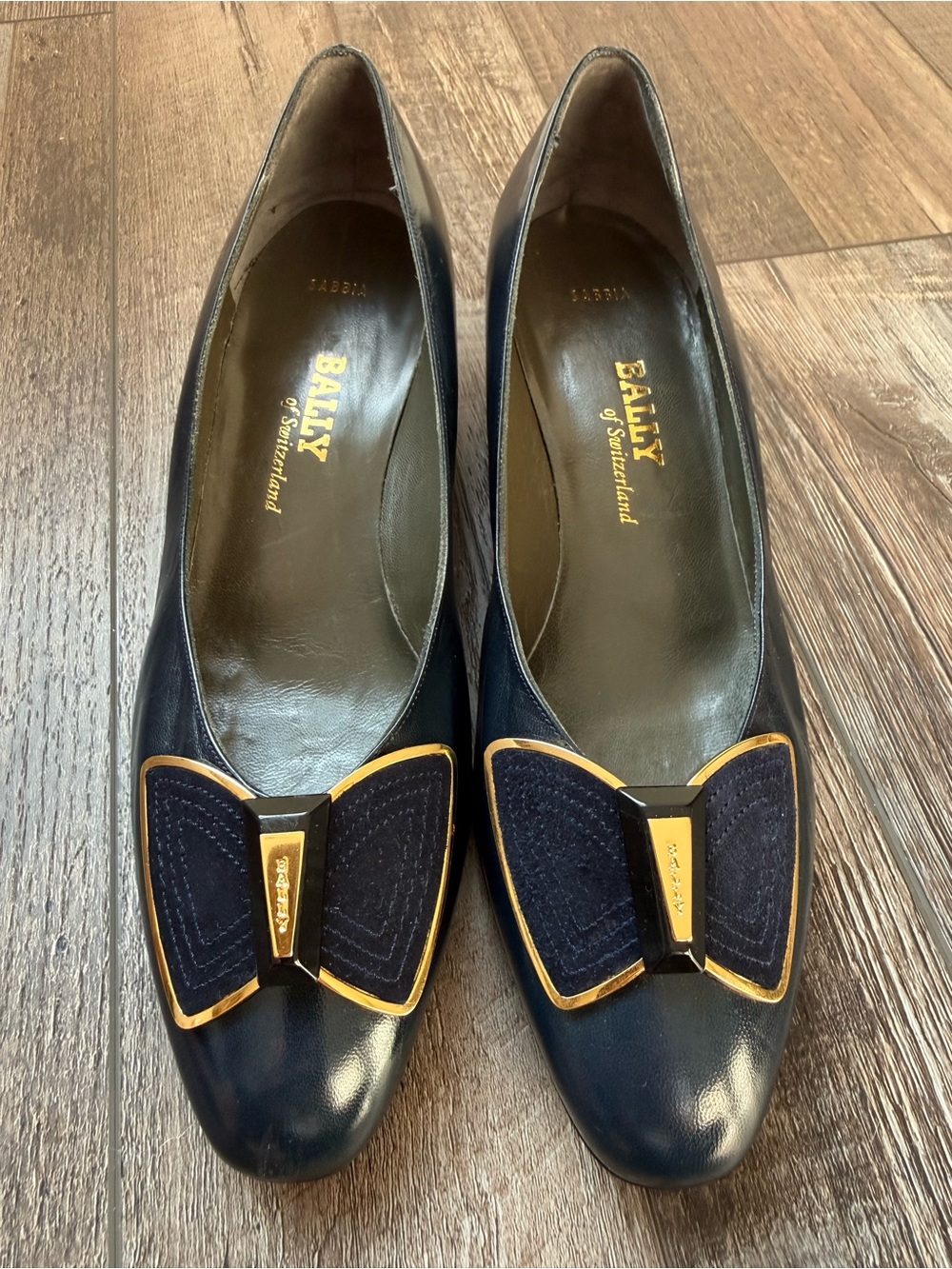 Bally Navy Leather Flats with Gold-Trim Bow